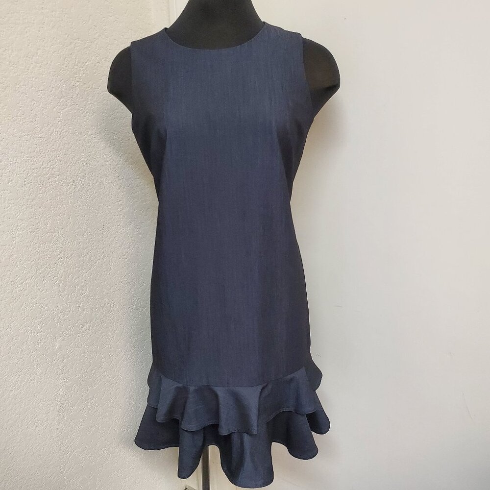 Calvin Klein Sheath Dress Ruffle Bottom Sleeveless Size 14 Navy Blue (WD231)
